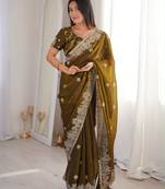 Mehendi silk blend embroidered saree with thread work