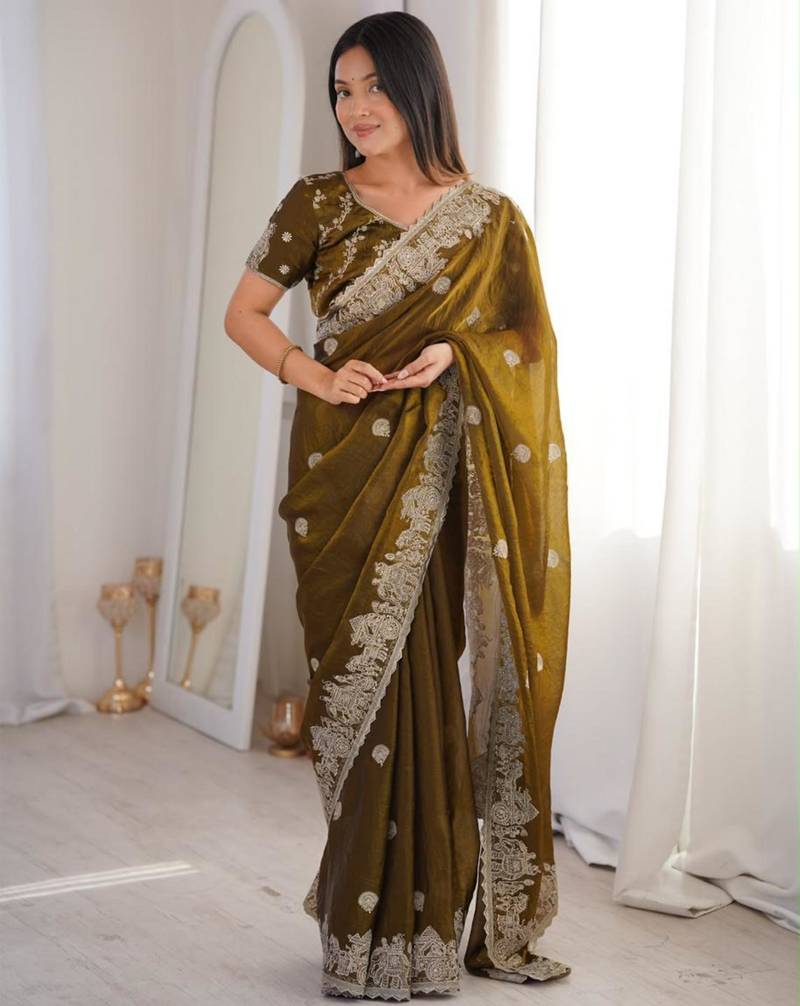 Mehendi silk blend embroidered saree with thread work
