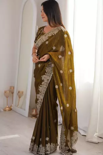 Mehendi silk blend embroidered saree with thread work
