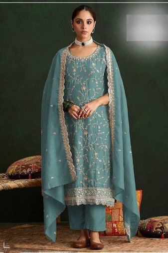 Aqua blue vichitra silk blend salwar suit set with dupatta