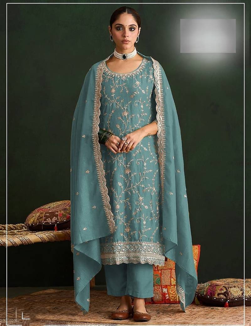 Aqua blue vichitra silk blend salwar suit set with dupatta