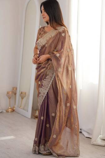 Mauve silk blend embroidered saree with thread work