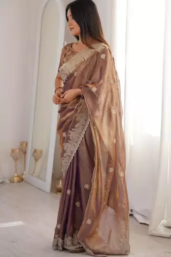 Mauve silk blend embroidered saree with thread work