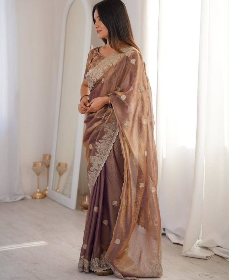 Mauve silk blend embroidered saree with thread work