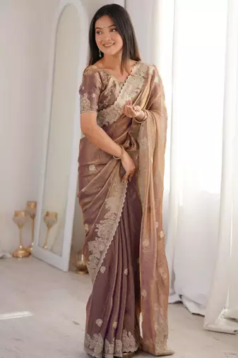 Mauve silk blend embroidered saree with thread work