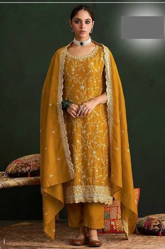 Yellow vichitra silk blend salwar suit set with dupatta