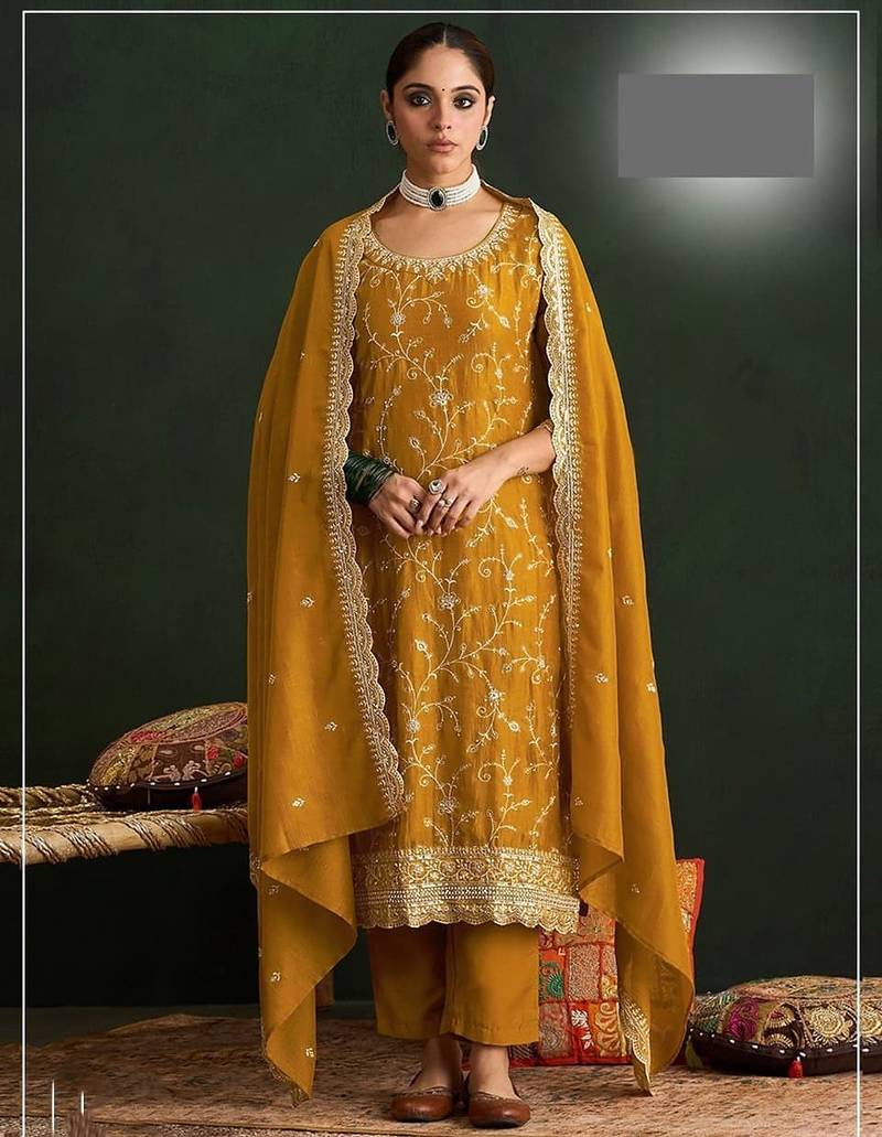 Yellow vichitra silk blend salwar suit set with dupatta