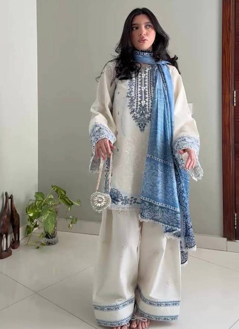 White Color Embroidery Work Rayon Salwar Suit