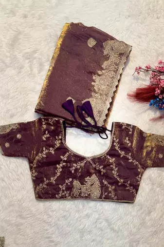 Mauve silk blend embroidered saree with thread work