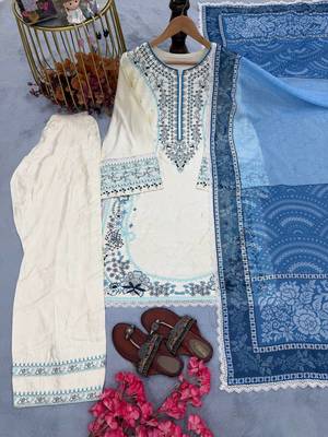 White Color Embroidery Work Rayon Salwar Suit 3