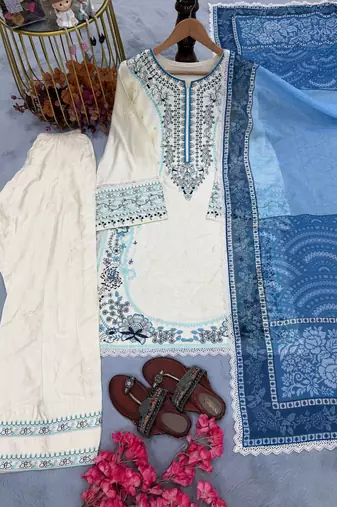 White Color Embroidery Work Rayon Salwar Suit
