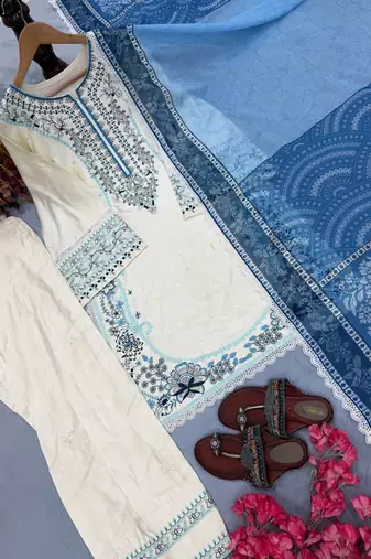 White Color Embroidery Work Rayon Salwar Suit