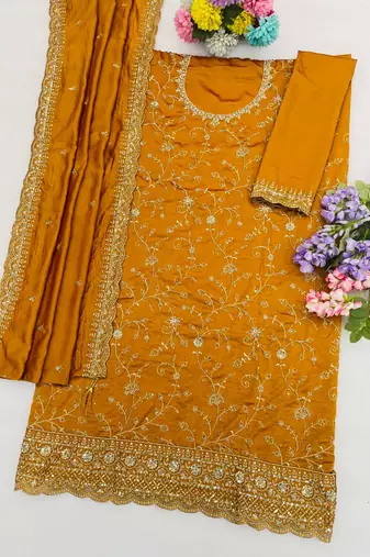 Yellow vichitra silk blend salwar suit set with dupatta
