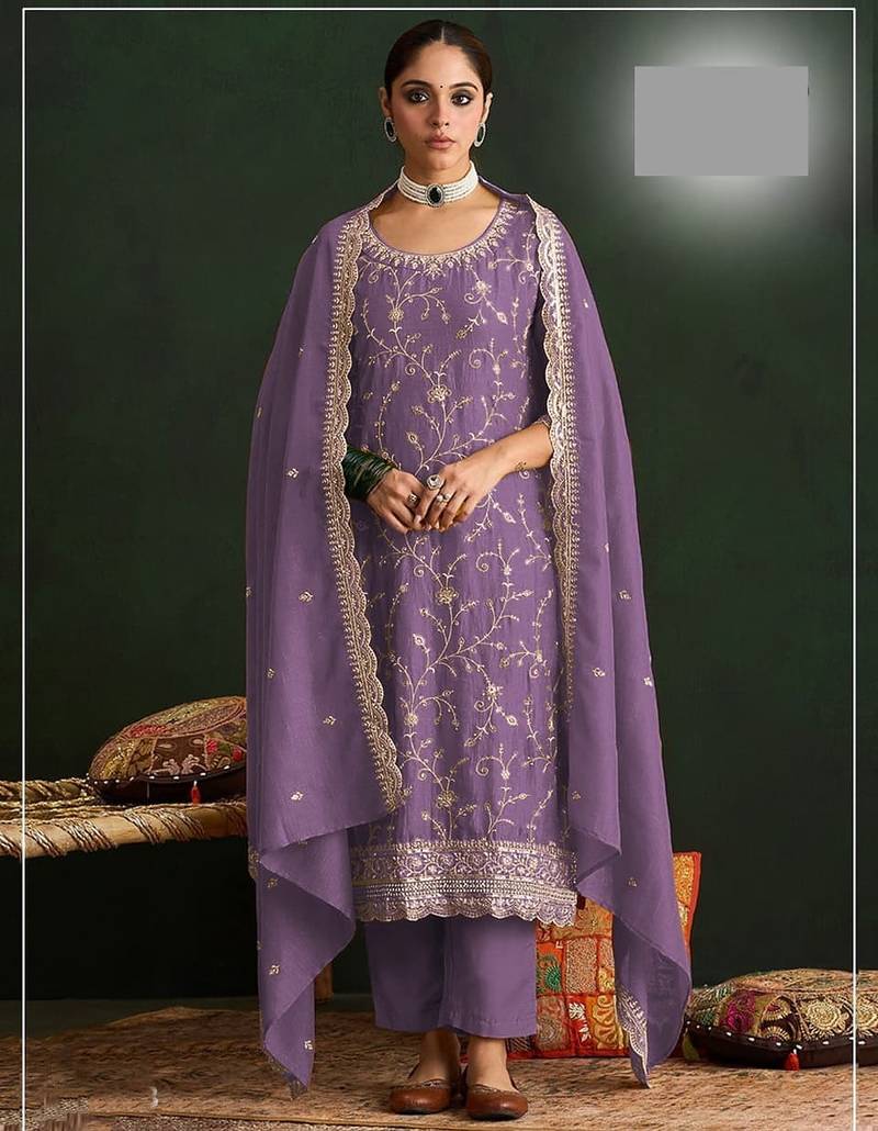 Lavender vichitra silk blend salwar suit set with dupatta