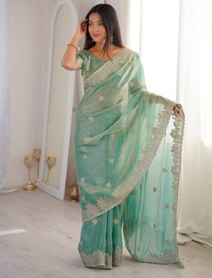 Sea green silk blend embroidered saree with thread work 1