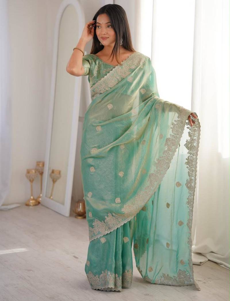 Sea green silk blend embroidered saree with thread work