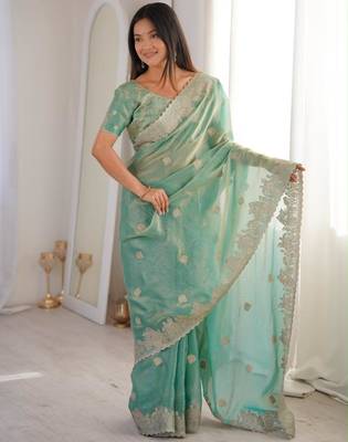 Sea green silk blend embroidered saree with thread work 3