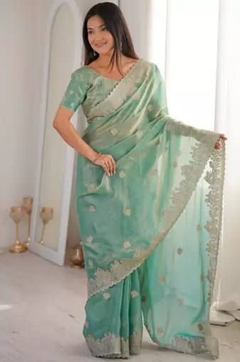 Sea green silk blend embroidered saree with thread work