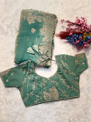 Sea green silk blend embroidered saree with thread work 4