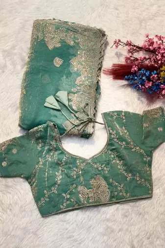 Sea green silk blend embroidered saree with thread work