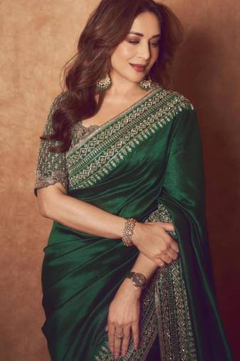 Green silk blend embroidered saree with sequins work