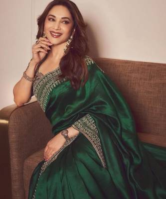 Green silk blend embroidered saree with sequins work 2