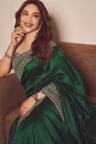 Green silk blend embroidered saree with sequins work