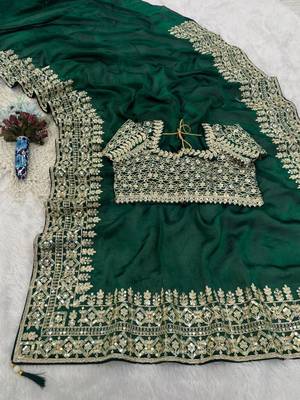 Green silk blend embroidered saree with sequins work 3
