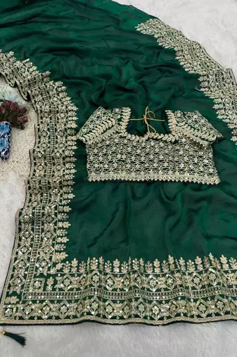 Green silk blend embroidered saree with sequins work