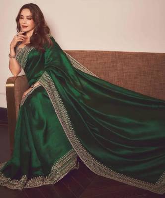 Green silk blend embroidered saree with sequins work 4