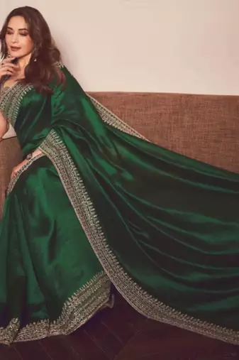Green silk blend embroidered saree with sequins work