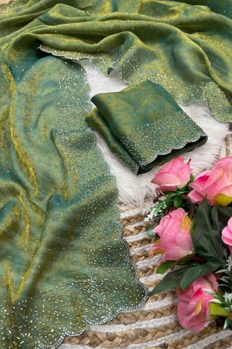 Green satin woven saree with zari work