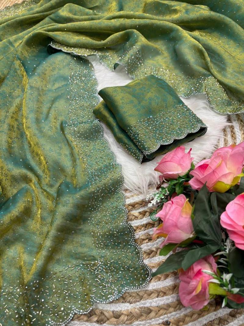 Green satin woven saree with zari work