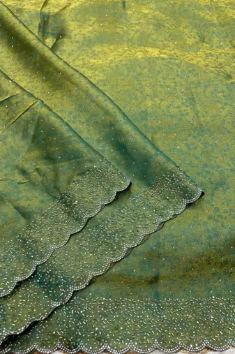 Green satin woven saree with zari work