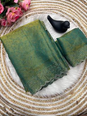 Green satin woven saree with zari work 3