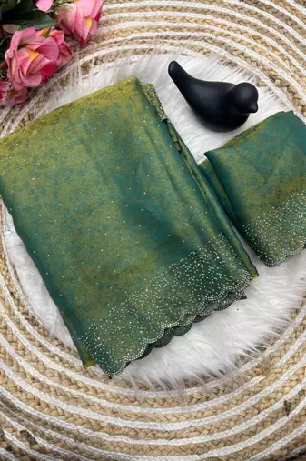 Green satin woven saree with zari work