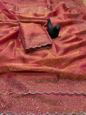 Pink satin woven saree with zari work 1