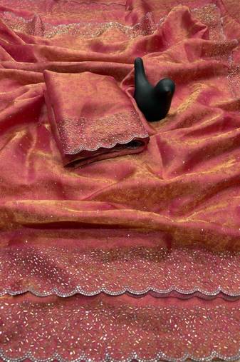 Pink satin woven saree with zari work