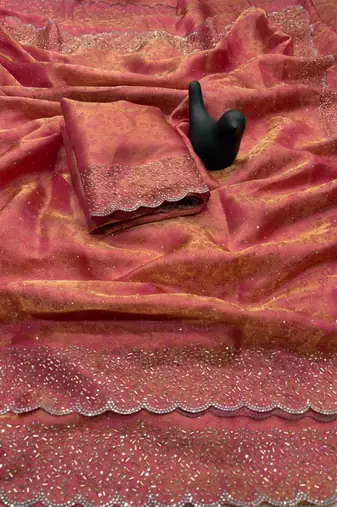 Pink satin woven saree with zari work