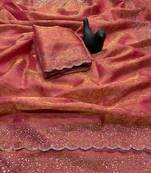 Pink satin woven saree with zari work