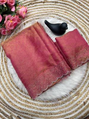 Pink satin woven saree with zari work 2