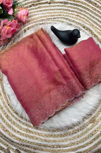 Pink satin woven saree with zari work