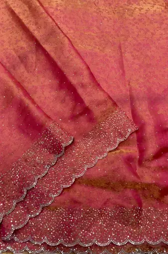 Pink satin woven saree with zari work