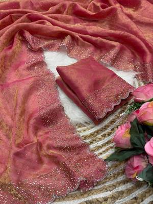 Pink satin woven saree with zari work 4