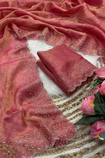 Pink satin woven saree with zari work