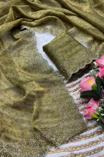 Mehendi satin woven saree with zari work