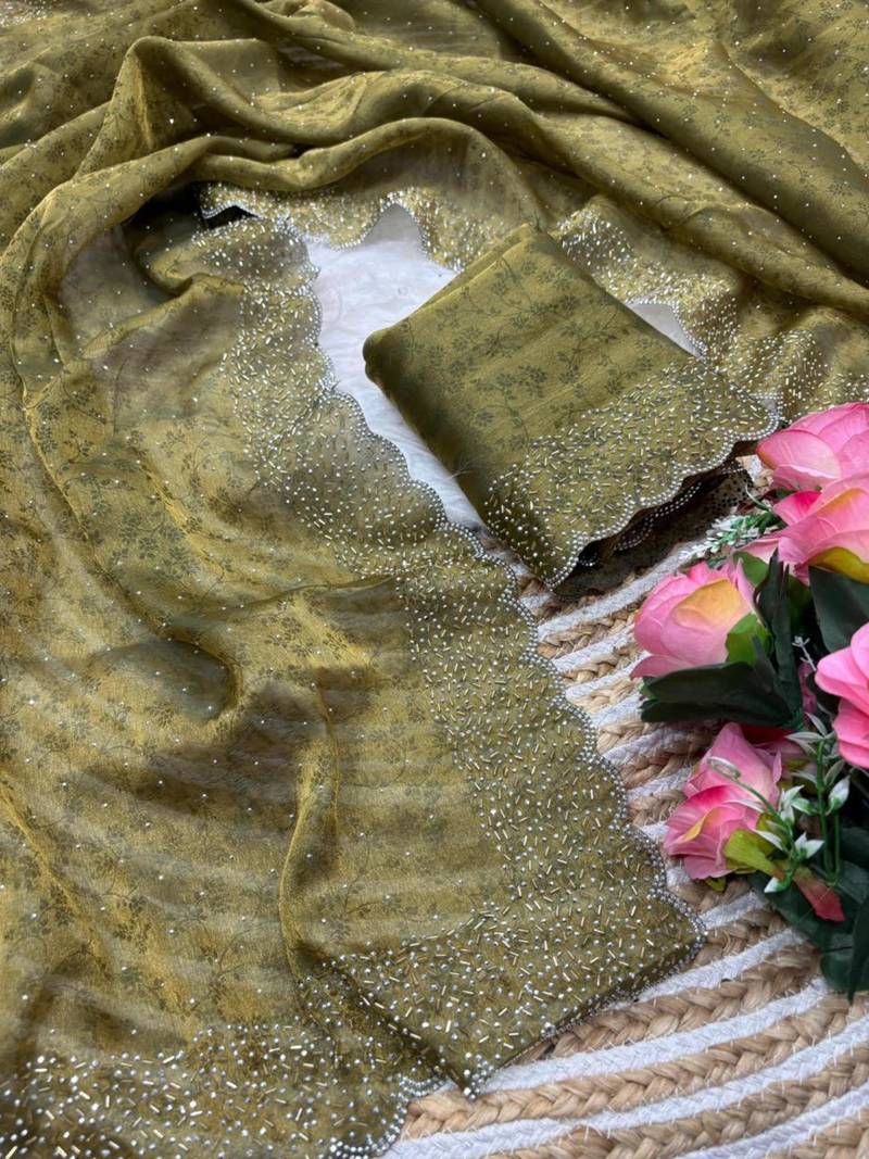 Mehendi satin woven saree with zari work
