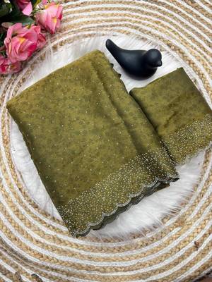 Mehendi satin woven saree with zari work 4