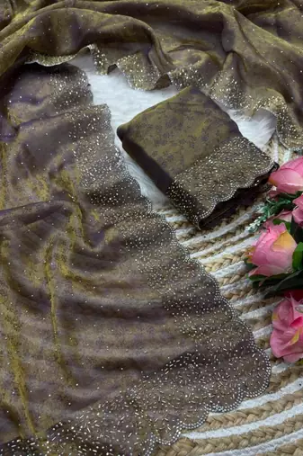 Mehendi satin woven saree with zari work