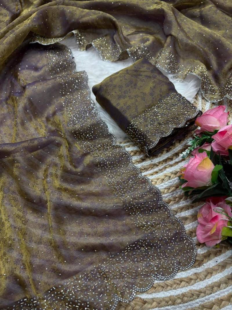 Mehendi satin woven saree with zari work
